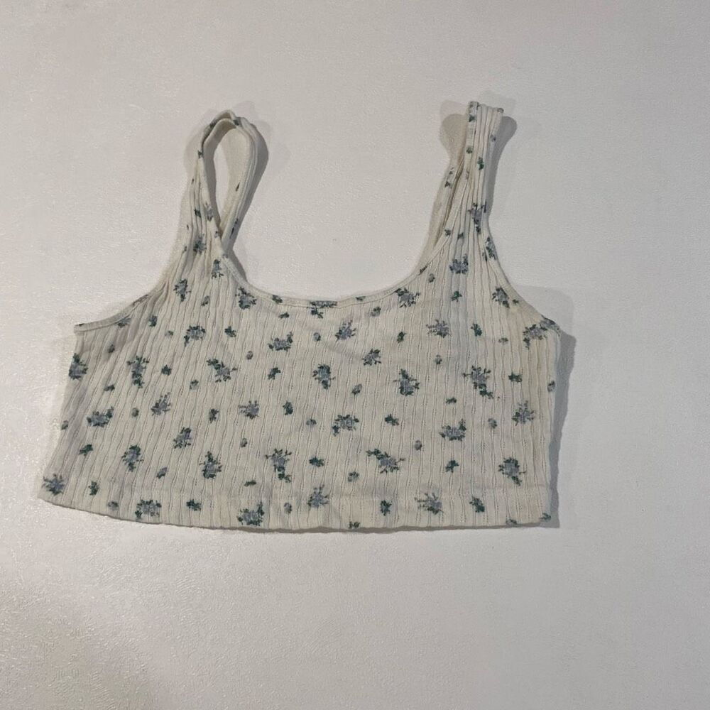 American Eagle Floral Ribbed Crop Tank Top Women’s Medium – White Blue Ditsy Pri